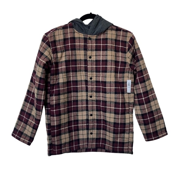 Old Navy Burgundy Plaid Snap Button Hooded Shacket Boys XL - Picture 1 of 5